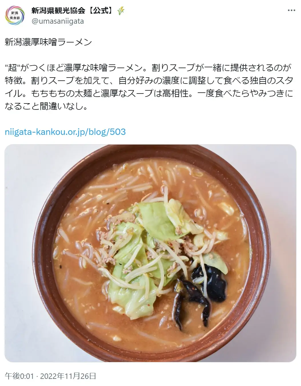 第10位：新潟濃厚味噌ラーメン（548票）