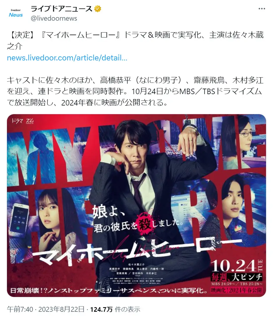 第10位：「マイホームヒーロー」　主演：佐々木蔵之介（197票）