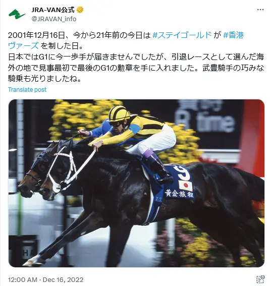 第10位：ステイゴールド（G1・香港ヴァーズ）（196票）