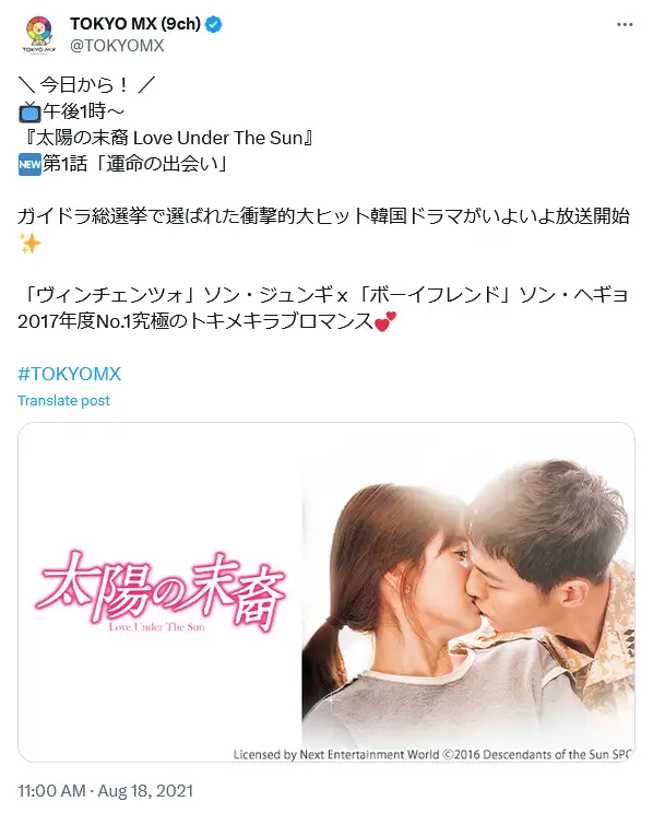 第1位：ドラマ「太陽の末裔〜Love Under The Sun〜」※主演（310票）