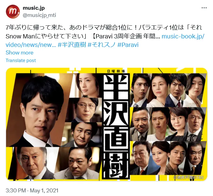 第1位：「半沢直樹」シリーズ（2013年、2020年）（474票）