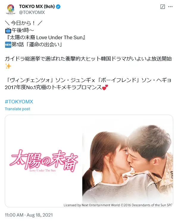 第2位：「太陽の末裔 Love Under The Sun」41.6%（582票）