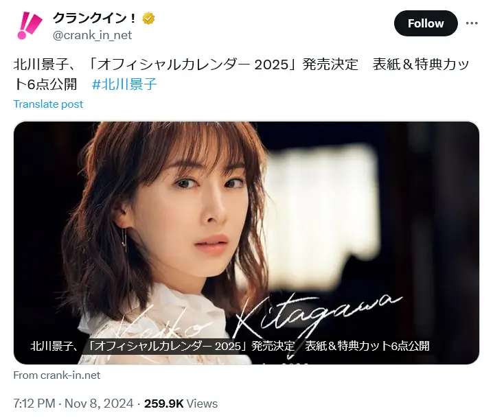 第3位：北川景子（397票）