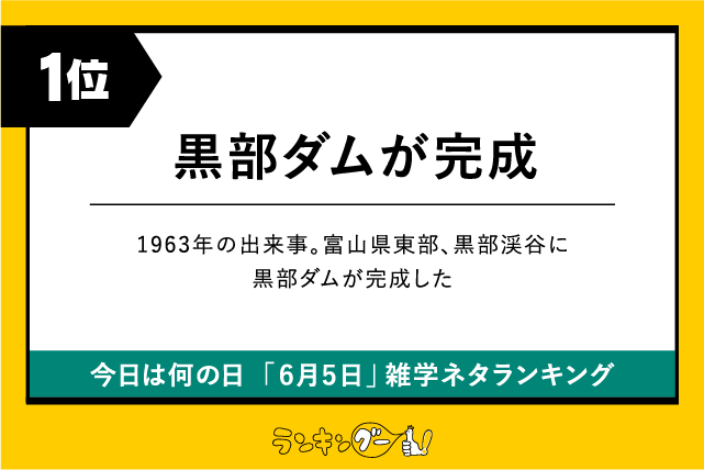 今日は何の日「6月5日」雑学ネタランキング1位：黒部ダムが完成した日の画像