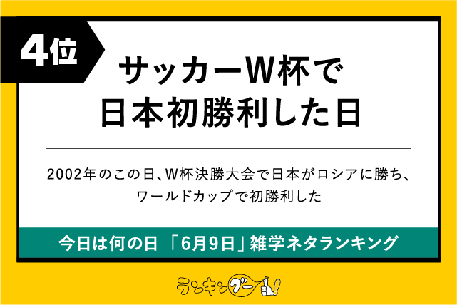 今日は何の日「6月9日」雑学ネタランキング4位:サッカーW杯で日本初勝利した日の画像