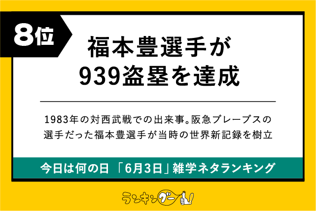 今日は何の日「6月3日」雑学ネタランキング8位:福本豊選手が939盗塁を達成の画像