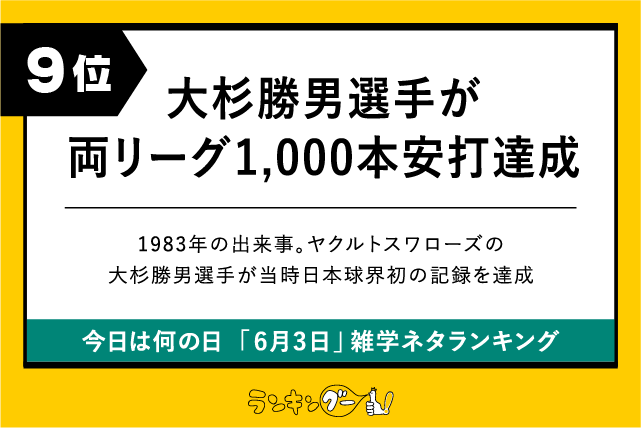 今日は何の日「6月3日」雑学ネタランキング9位:大杉勝男選手が両リーグ1,000本安打達成の画像