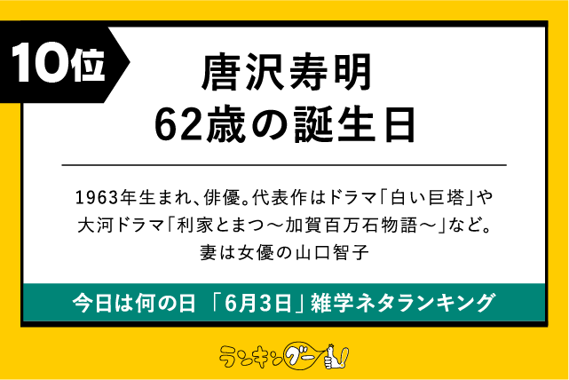 今日は何の日「6月3日」雑学ネタランキング10位：唐沢寿明、62歳の誕生日の画像