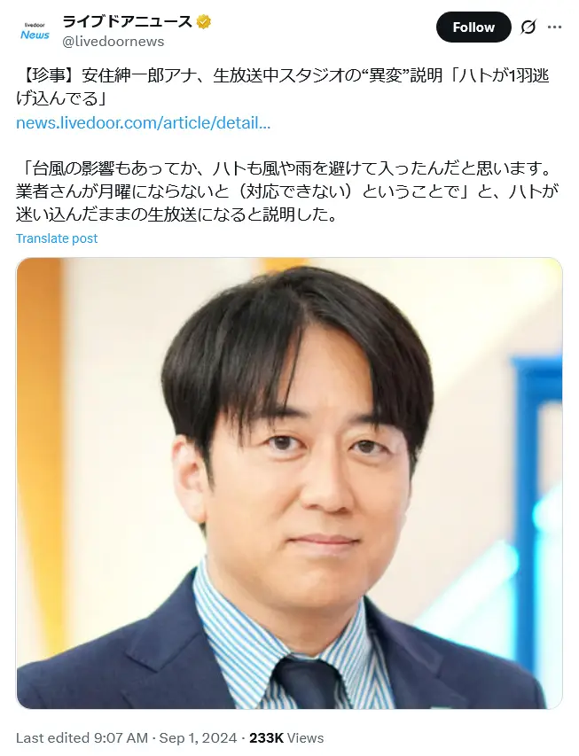 第1位:安住紳一郎(TBSテレビ)(698票)