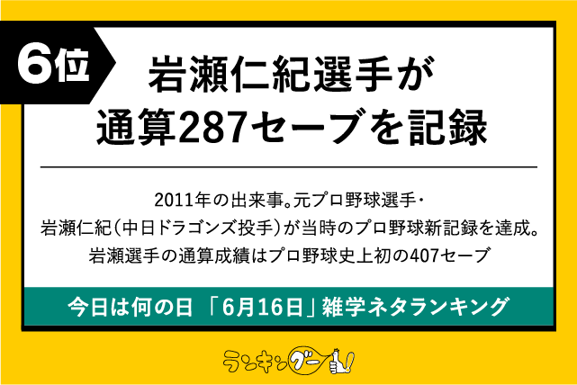 今日は何の日「6月16日」雑学ネタランキング6位:岩瀬仁紀選手が通算287セーブを記録の画像