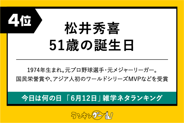 今日は何の日「6月12日」雑学ネタランキング4位:松井秀喜51歳の誕生日の画像