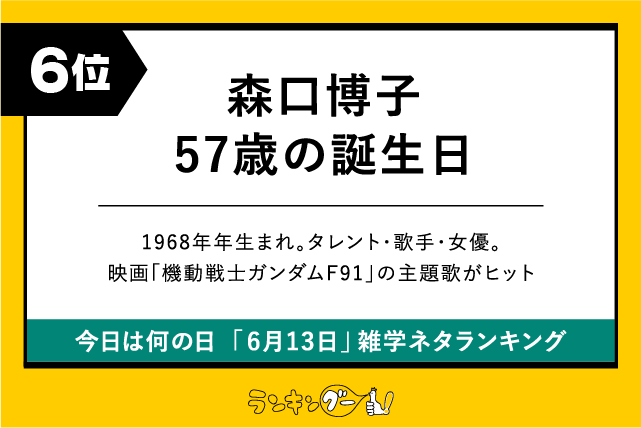 今日は何の日「6月13日」雑学ネタランキング6位:森口博子57歳の誕生日の画像