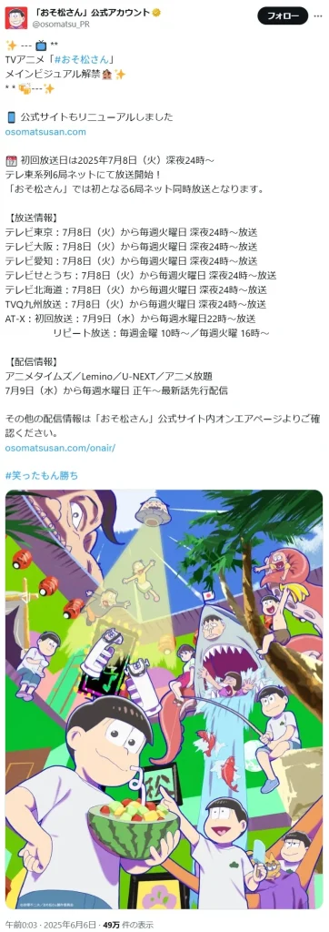 2025年夏アニメ放送前人気ランキング5位:「おそ松さん(第4期)」の画像
