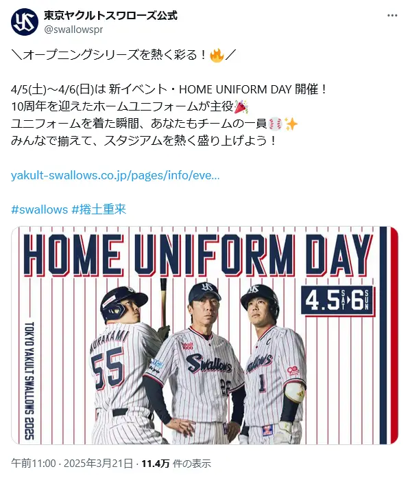 第10位:東京ヤクルトスワローズ/伝統の赤ストライプが印象的(427票)