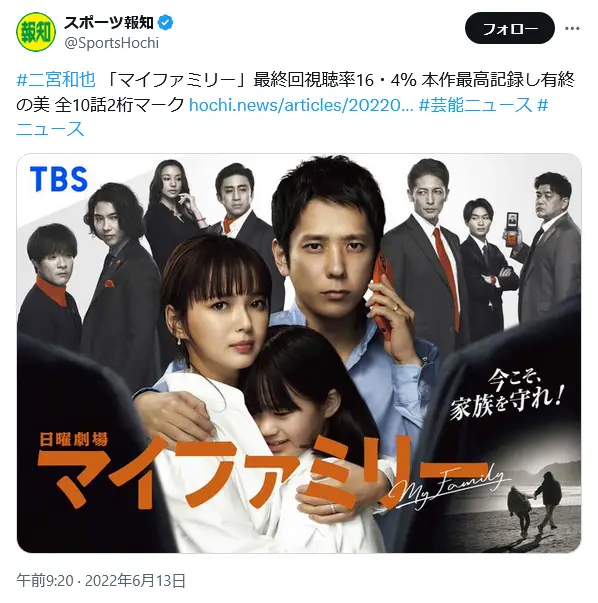 第15位:「マイファミリー」(二宮和也)(96票)