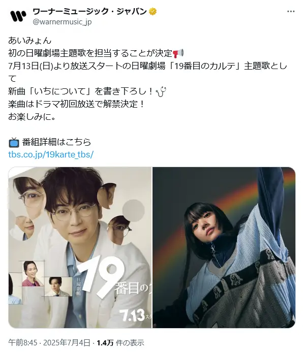 第1位：あいみょん「いちについて」（ドラマ：「19番目のカルテ」）（245票）