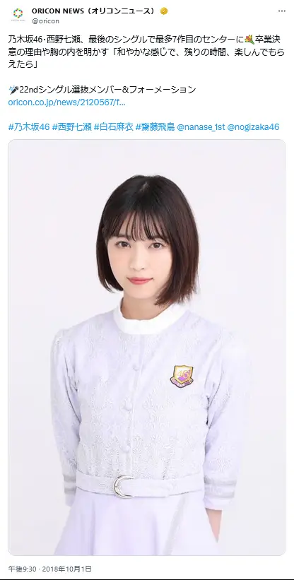 第3位：西野七瀬（309票）