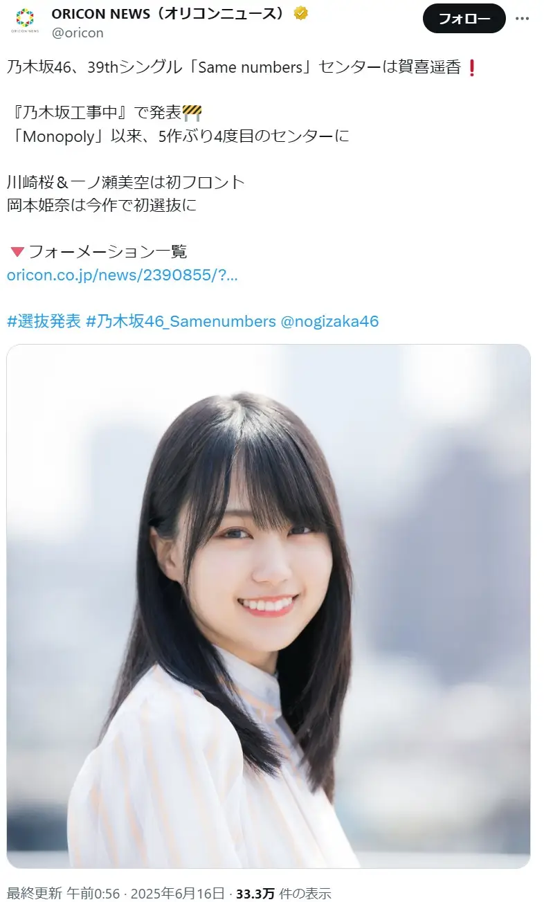 第1位：賀喜遥香（乃木坂46）/栃木県（324票）