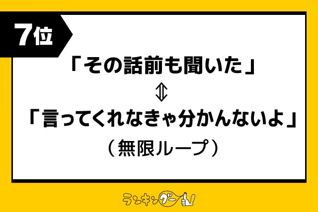 第7位：「その話前も聞いた」⇔「言ってくれなきゃ分かんないよ」（無限ループ）（111票）