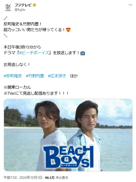 第2位：「ビーチボーイズ」竹野内豊、反町隆史ほか/1997年（平成9年）（145票）