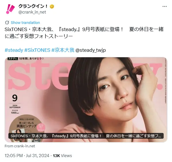 第5位:京本大我(SixTONES)(283票)