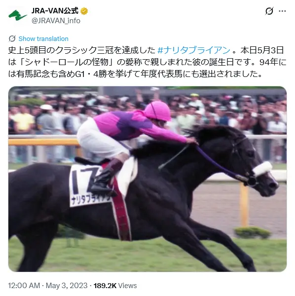 第5位:ナリタブライアン(1994年)(267票)
