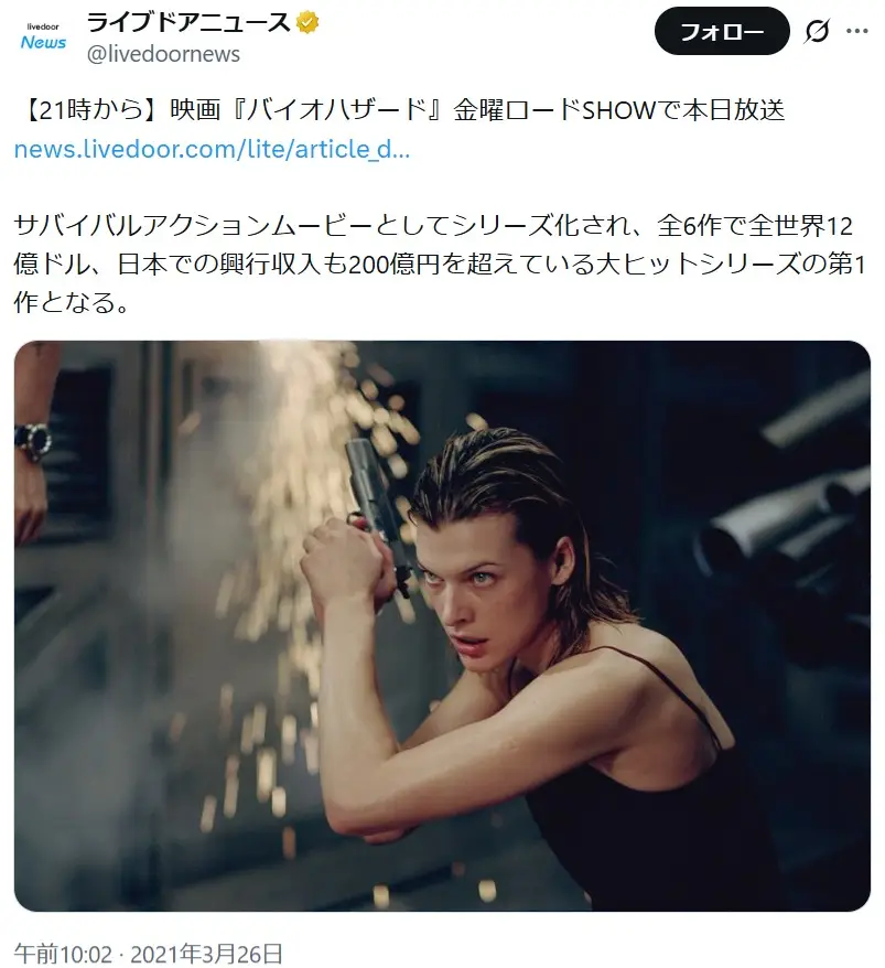 第10位：バイオハザード（2002年日本公開　監督：ポール・W・S・アンダーソン　主演：ミラ・ジョボビッチ）（44票）