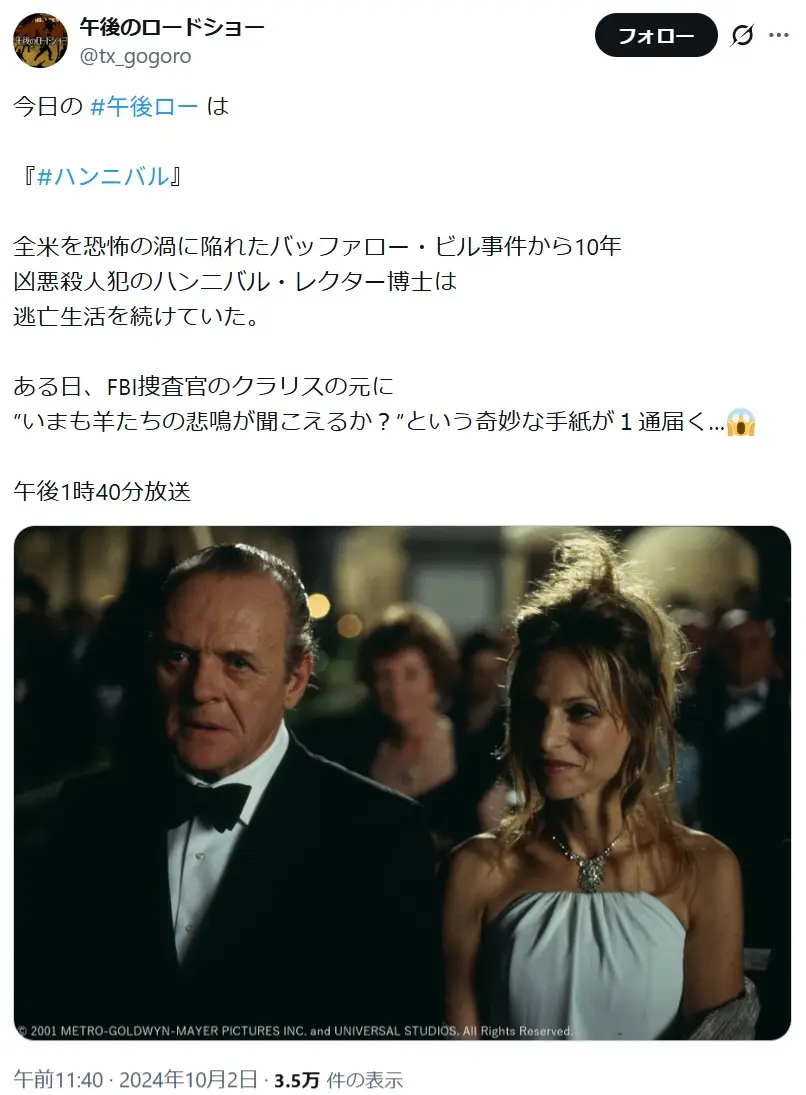 第5位:ハンニバル(2001年日本公開 監督:リドリー・スコット 主演:アンソニー・ホプキンス)(55票)