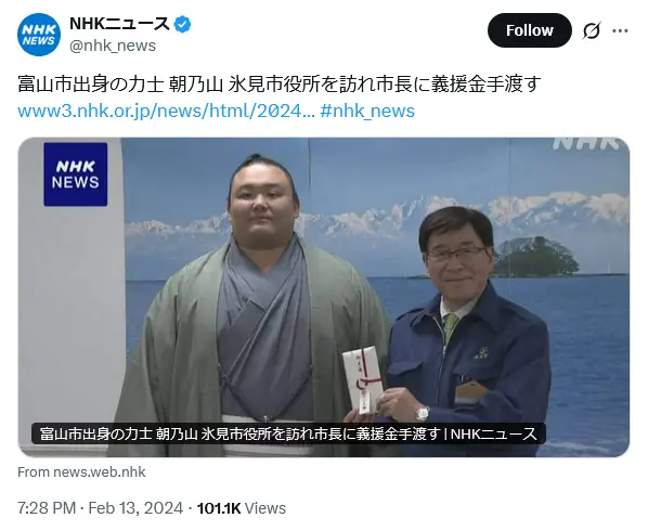 第7位:朝乃山(277票)