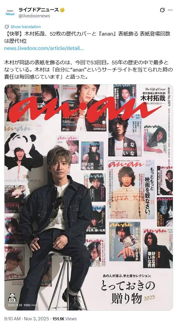 第1位：木村拓哉（197票）