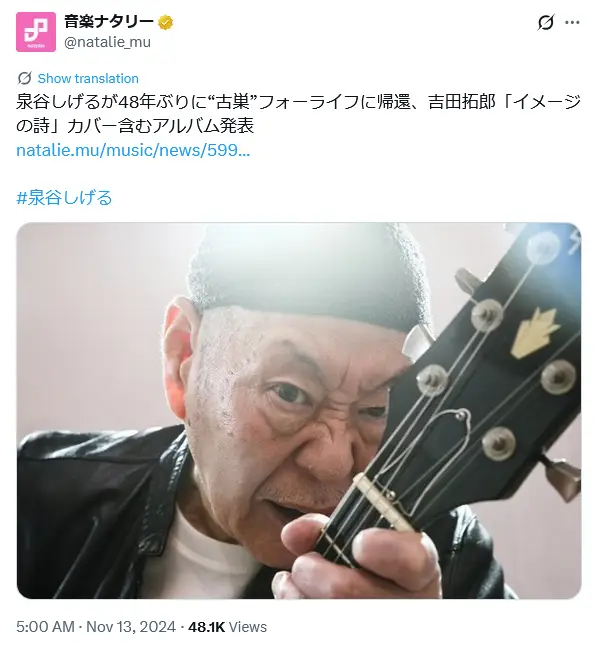 第5位：泉谷しげる（252票）