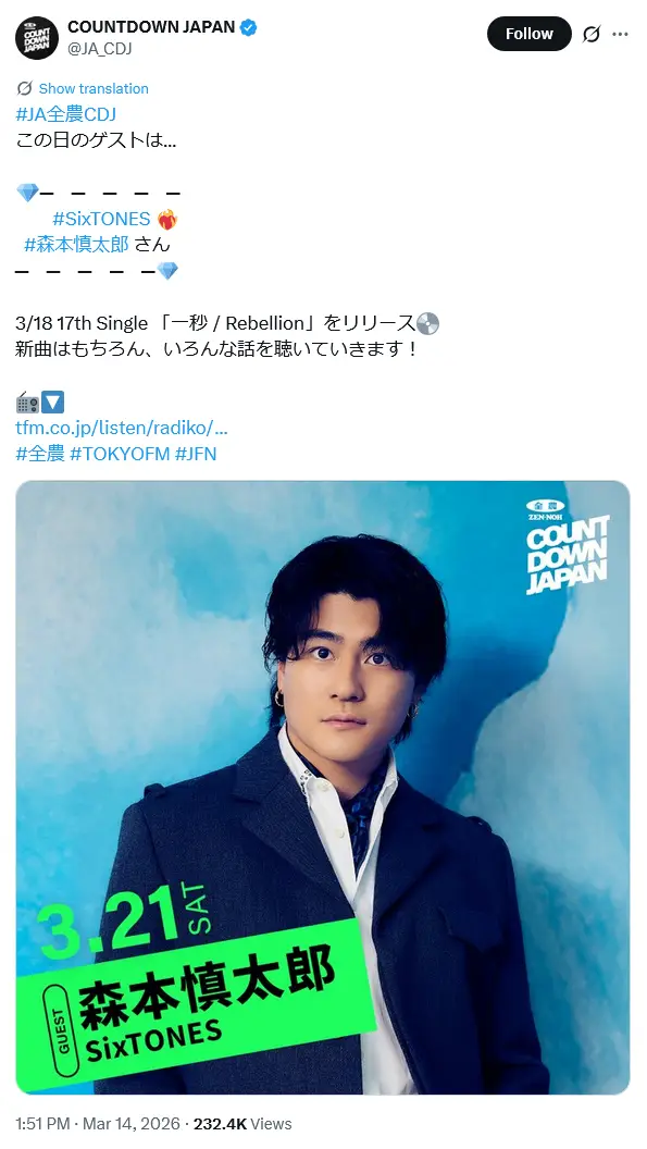 第10位：森本慎太郎（SixTONES）（59票）