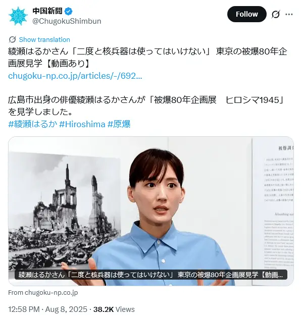 第1位：綾瀬はるか（2,010票）