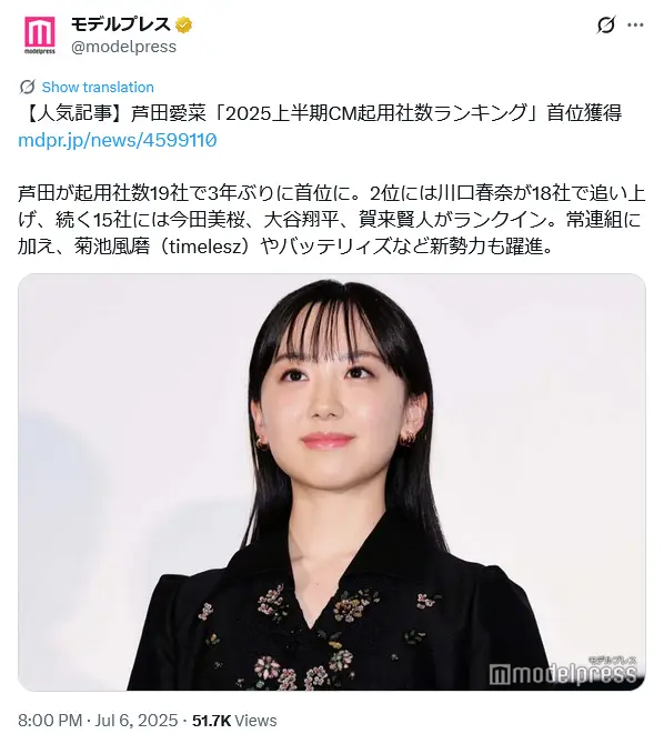 第5位:芦田愛菜(170票)
