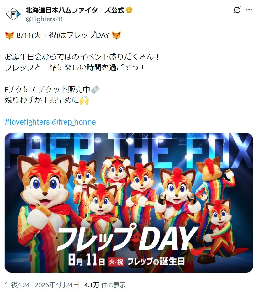 第6位:フレップ・ザ・フォックス(北海道日本ハムファイターズ)(286票)