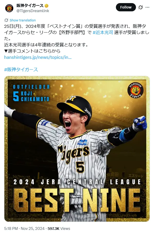 第1位：近本光司（226票）