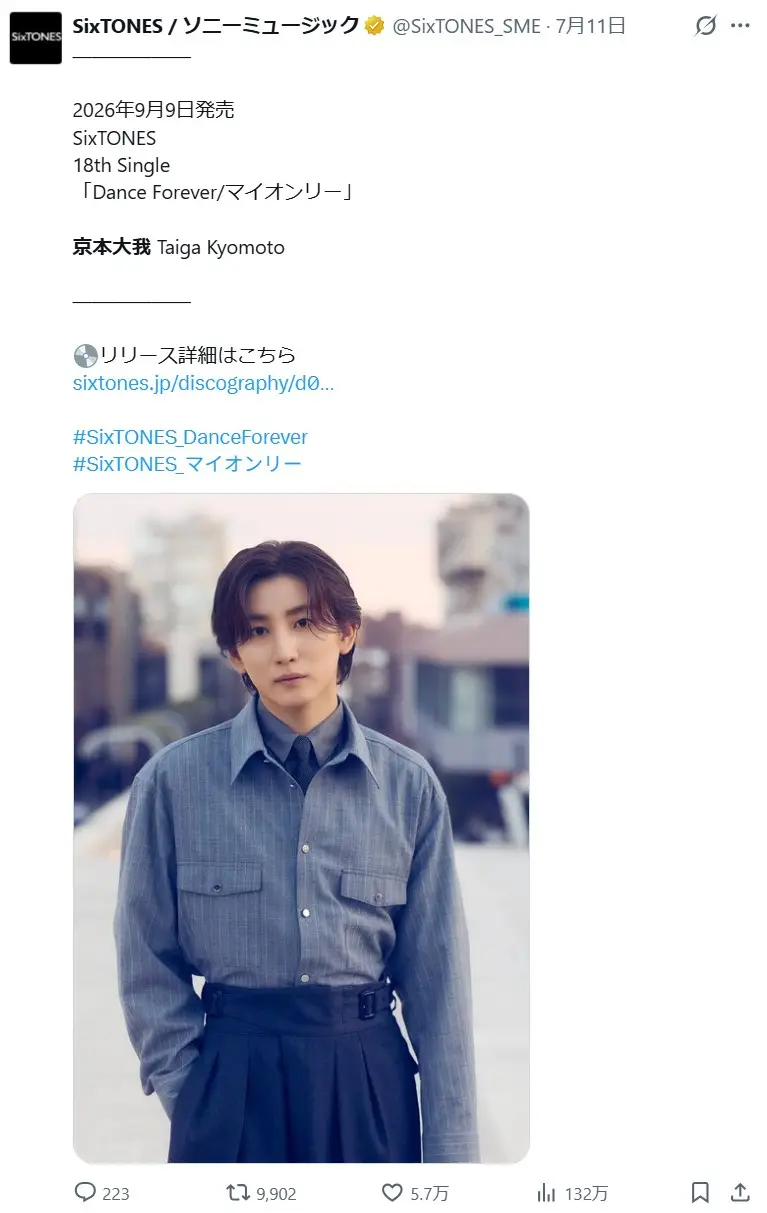 第1位:京本大我(476票)