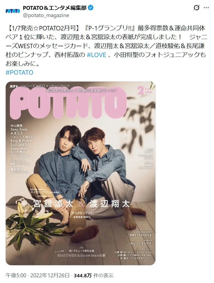 第7位：ゆり組（渡辺翔太×宮舘涼太）（51票）