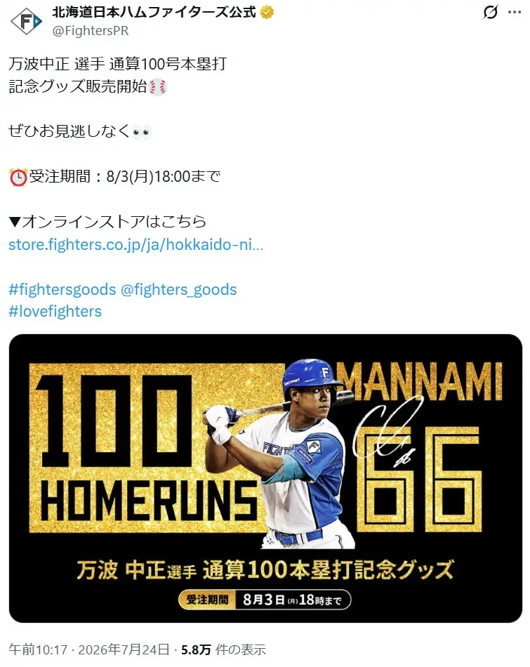 第5位:万波中正(北海道日本ハムファイターズ)(175票)