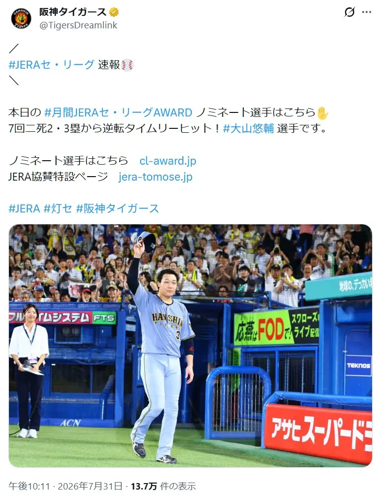 第8位：大山悠輔（阪神タイガース）（128票）