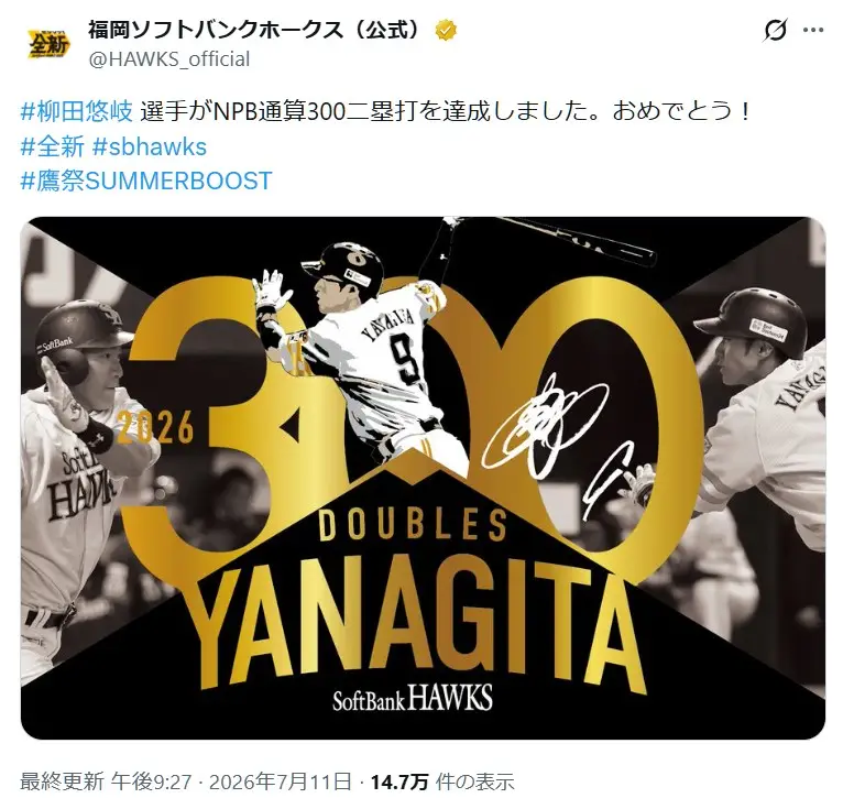 第2位:柳田悠岐(福岡ソフトバンクホークス)(230票)