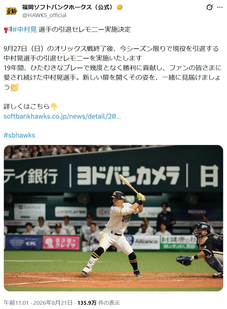 第9位:中村晃(127票)