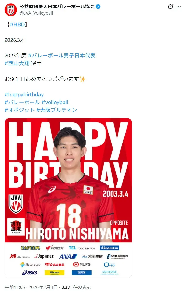第10位:西山大翔/193cm(112票)