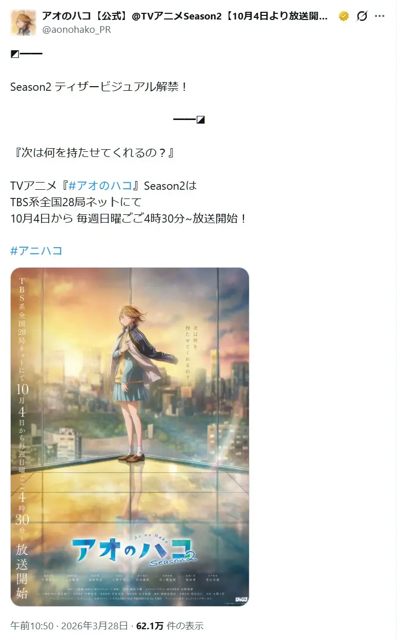 第5位：アオのハコ Season2（168票）