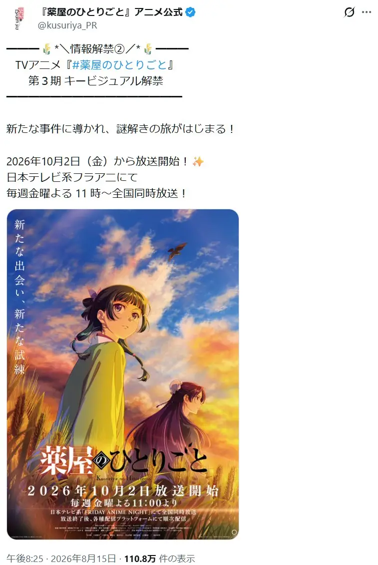 第1位:薬屋のひとりごと 第3期 第1クール(515票)