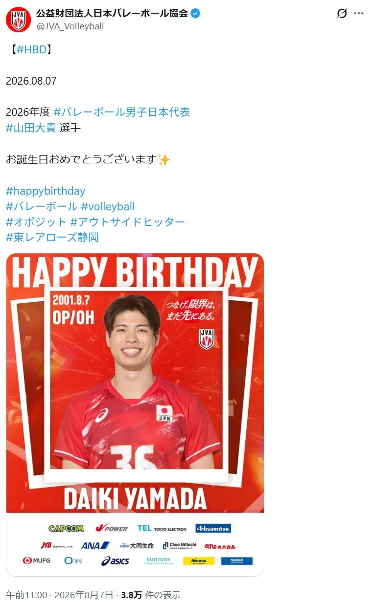 第8位：山田大貴／191cm（120票）