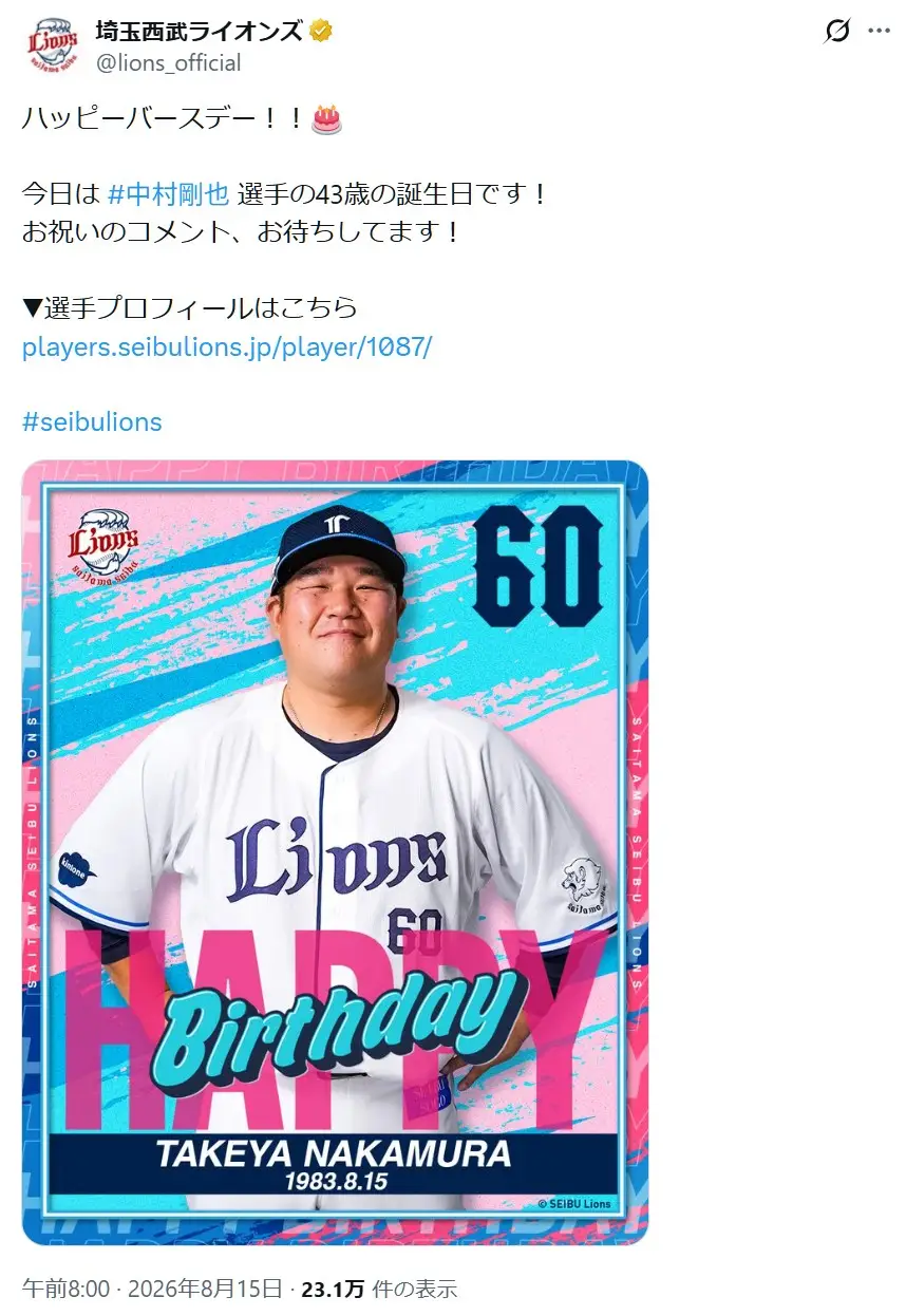 第6位:中村剛也(埼玉西武ライオンズ)/43歳(109票)