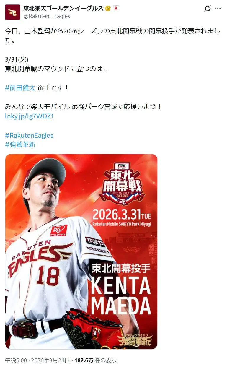 第9位:前田健太(東北楽天ゴールデンイーグルス)(24票)※同率