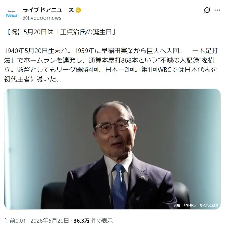 第1位：王貞治（175票）