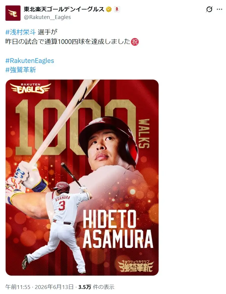 第4位:浅村栄斗(170票)